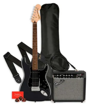 Pack Fender Squier Affinity Strat HSS Charcoal Frost Metallic Amplificador 15G Acessórios