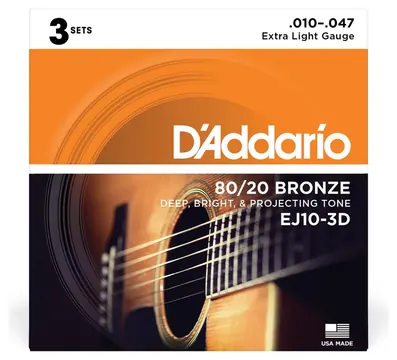 DAddario EJ10-3D Extra Light 3-Pack 010-047 80/20 Bronze Round. Saiten für Westerngitarre