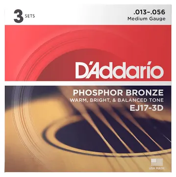 D'Addario EJ17-3D Phosphor Bronze Medium Acoustic Guitar Strings 3-Pack 13-56