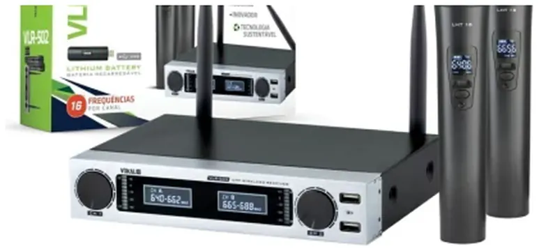 Vokal Microfone S/ Fio Vokal Vlr502 Duplo Mão C/ Bateria Litio Usb (7244)