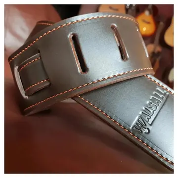Walsal Hand Made Premium Padded Bridle Leather Guitar Strap: Brown Leather w' Orange Stitch