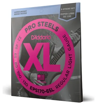 D'Addario EPS170-6SL 6-String ProSteels Bass Guitar Strings, Light, 30-130, Super Long Scale