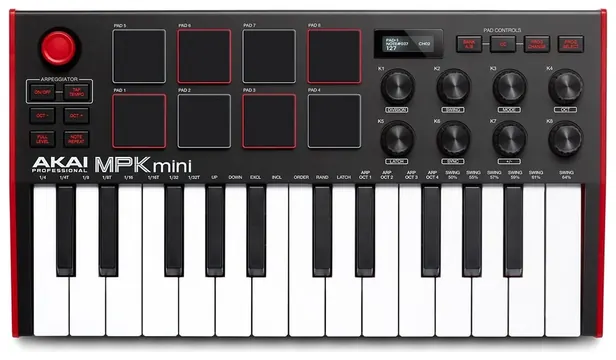 Akai Teclado Akai MPK Mini mk3 RD Linha MPK Mini Controlador de 25 Teclas Vermelho C/ 8 Pads