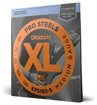 D'Addario EPS160-5 5-String ProSteels Bass Guitar Strings, Medium, 50-135, Long Scale