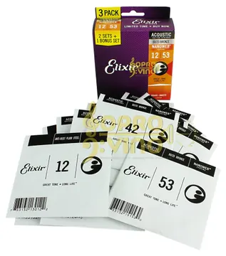 Elixir Encordoamento Violão Aço .012 Bronze 80/20 Light Nanoweb Elixir 16539 ( Pack 3 Unidades )