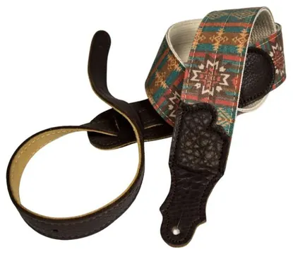 Franklin 2" Turquoise Old Aztec Graphic Strap/Natural Cotton Web/Chocolate Leather End Tabs