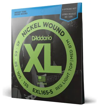 D'Addario EXL165 5-String Nickel Wound Bass Guitar Strings, Custom Light, 45-135, Long Scale