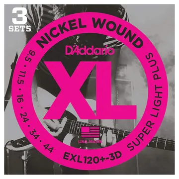 D'Addario EXL120+-3D Electric Guitar Strings, Super Light Plus, 9.5-44, 3 SETS