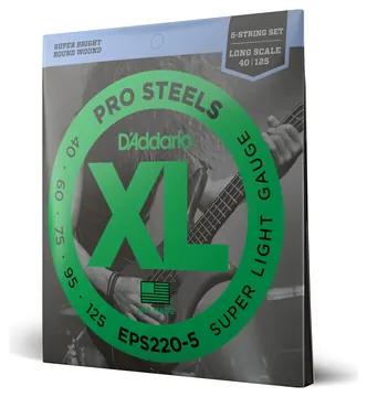 D'Addario EPS220-5 5-String ProSteels Bass Guitar Strings, Super Light, 40-125, Long Scale