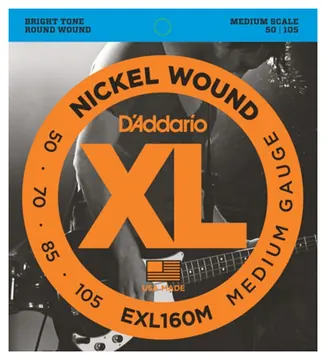 D'Addario EXL160M Nickel Wound Bass Guitar Strings, Medium, 50-105, Medium Scale