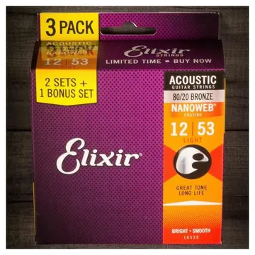 Elixir Acoustic Nanoweb Guitar Strings 3 Pack: 12-53