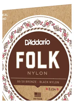 D'Addario EJ34 Folk Nylon Guitar Strings, Ball End, 80/20 Bronze/Black Nylon Trebles