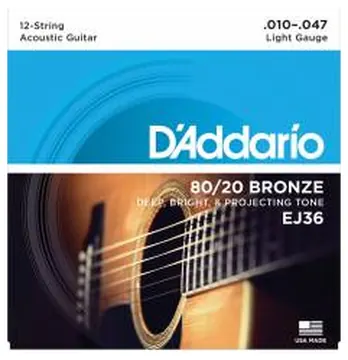 D'addario EJ36 80/20 Bronze Acoustic Guitar Strings, Light, 10-47 - jeu de 12 cordes