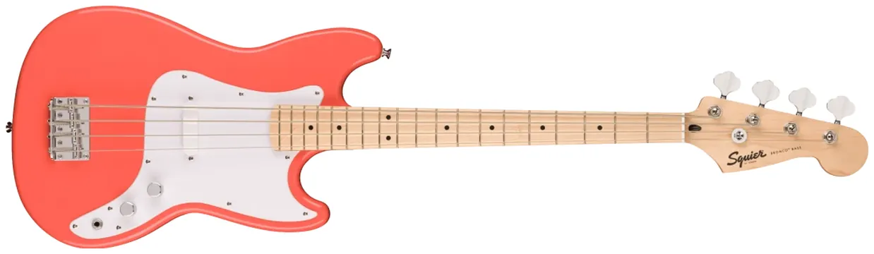 Squier Bronco Bass, Maple Fingerboard, White Pickguard, Tahitian Coral