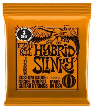 Ernie Ball 3222 Hybrid Slinky Nickel Wound 9-46 Electric Guitar Strings, 3-Pack