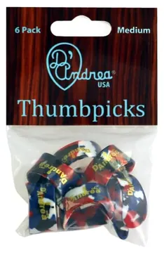 D'Andrea Thumb Picks (R6371 MD MLT), 6 pcs Pick Pack, Medium, Multicolored