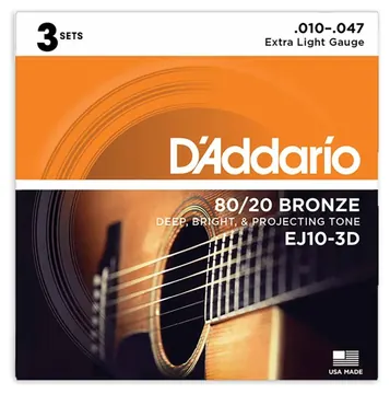 Jogo de Cordas DAddario EJ10 para Bronze 010 Multipack 3 Jogos