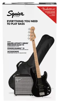 Squier Affinity Series Precision Bass PJ Pack Maple Fingerboard Black Gig Bag Rumble 15 -