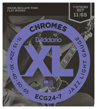 D'Addario ECG24-7 Chromes Flat Wound, 7-String Electric Guitar Strings, Jazz Light, 11-65