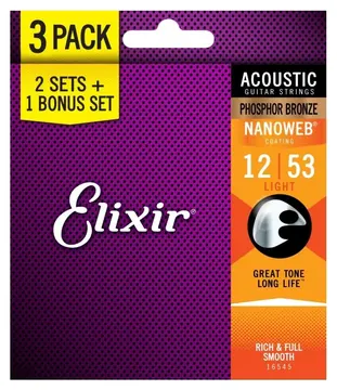 Elixir 16545 Acoustic Phosphor Bronze NANOWEB 12-53 3-Pack