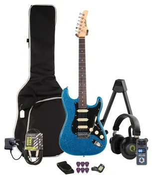 EastCoast ST2 Electric Guitar in Cerulean Sparkle Multi-FX & Modelling Bundle with Accessories