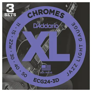 D'Addario ECG24-3D Chromes Flat Wound Electric Guitar Strings, Jazz Light, 11-50, 3 SETS