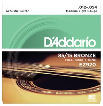 D'addario EZ920 85/15 Bronze Acoustic Guitar Strings, Medium Light, 12-54