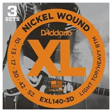 D'Addario EXL140-3D 10-52 Light Top/Heavy Bottom, XL Nickel Electric Guitar Strings 3-Pack