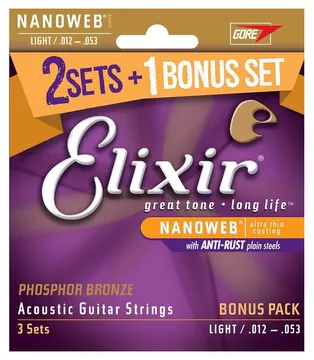 Elixir Nanoweb Acoustic Bronze 12-53 Bonus Pack