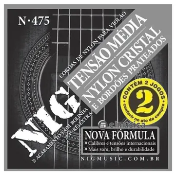 NIG Pack com 2 Jogos de Encordoamento NIG Para Violão de Nylon Tensão Média - Modelo Nylon-Cristal/Prateada N475