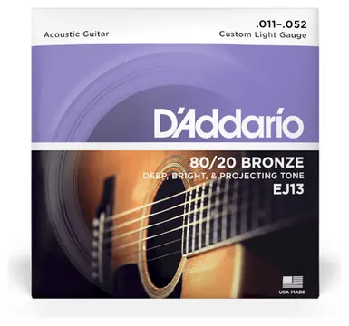 D'Addario 11-52 Custom Light, 80/20 Bronze Acoustic Guitar Strings, EJ13