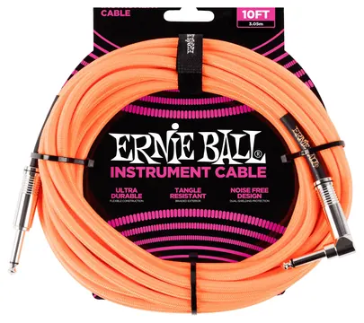Ernie Ball Câble pour instrument, tissu, droit/coudé, orange néon, 3 m