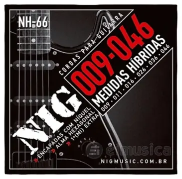 NIG Encordoamento Nig Guitarra NH66 HIBRIDA 009-046 Corda MI Extra + Palheta
