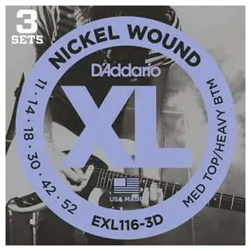 D'Addario EXL116-3D 11-52 Medium Top/Heavy Bottom, XL Nickel Electric Guitar Strings 3-Pack
