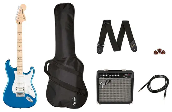 Squier Affinity Series HSS Stratocaster Guitar Pack, Maple FB, Lake Placid Blue, 230V, UK