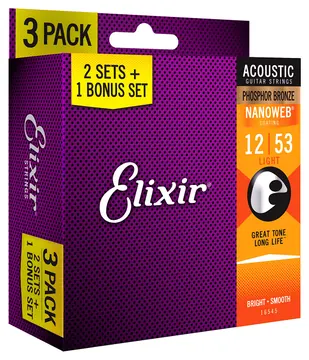Elixir Nanoweb Phosphor Bronze Acoustic Strings 12-53 - 3 Pack