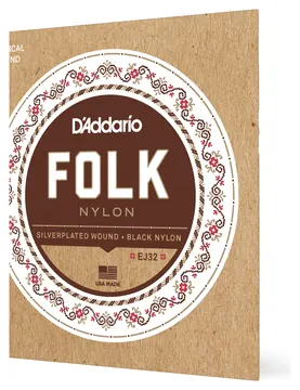 D'Addario EJ32 Folk Nylon Guitar Strings, Ball End, Silver Wound/Black Nylon Trebles