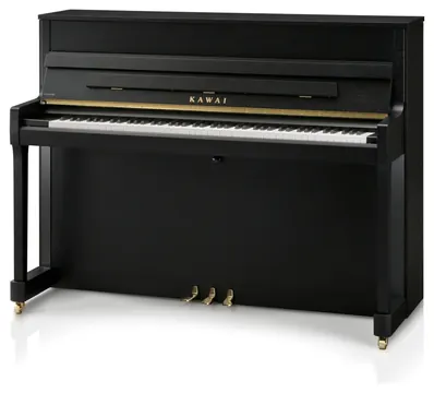 Kawai E200 Studio Upright Piano in Ebony Satin with Brass Fittings