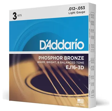 D'Addario EJ16-3D Light Phosphor Bronze Acoustic Guitar Strings 12-53 (X3 Sets)