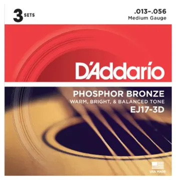 D'Addario Acoustic Guitar Strings D'Addario EJ17-3D Medium 13-56 Phosphor Bronze 3 SETS