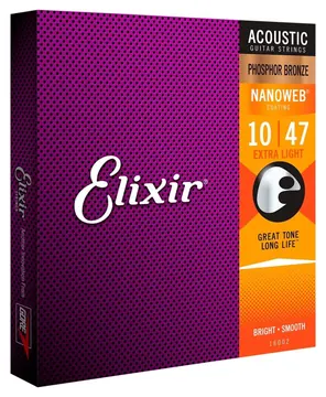 Elixir 16002 Nanoweb Phosphor Bronze Muta di corde per chitarra acustica Extra Light 010-047