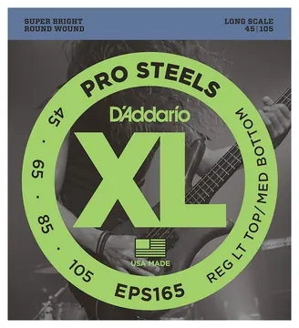 D'Addario EPS165 XL ProSteels Regular Light Top/Medium Bottom (.045-.105) Electric Bass Guitar Strings