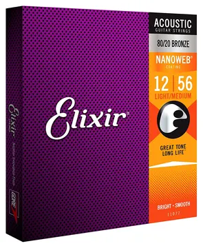 Elixir 11077 Bronze Nanoweb Acoustic Strings 12-56 Light Medium 100% Genuine
