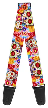Buckle Down Thaneeya Sugar Skull Guitar Strap - Multi-Color Starburst Design on White Background