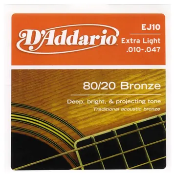D'Addario EJ10| 80/20 Bronze Acoustic Guitar String set | Extra Light | 10-47