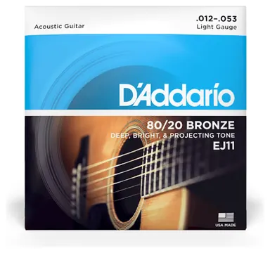 D'Addario, EJ11, 12-53 Light, 80/20 Bronze Acoustic Guitar Strings