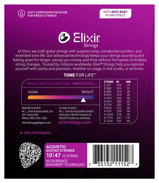 Elixir Bronze Nanoweb Extra Light 010-047 12-Saiter