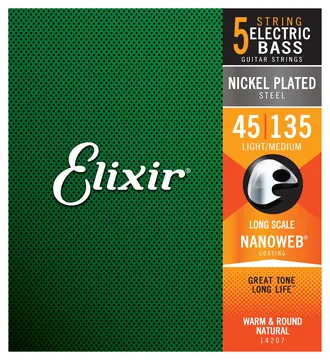 Elixir 14207 Nanoweb Electric Bass 045-135 Nickel Plated Steel Long Scale. E-Bass 5-string