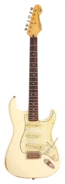 Vintage V6MRTBG Blugocaster Thomas Blug E-Gitarre, distressed vintage white
