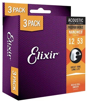 Elixir 3-Pack - Light (.12-.53) Acoustic Phosphor Bronze w/NANOWEB Coating
